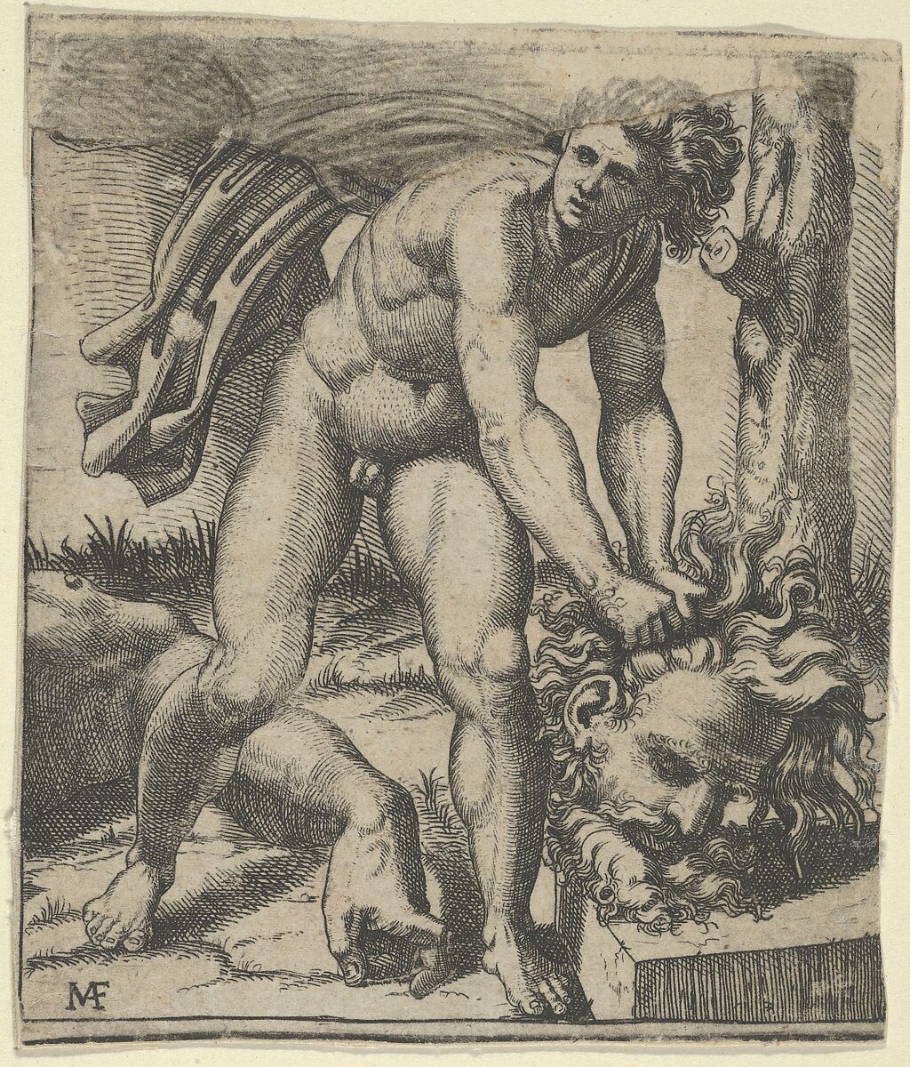 David with the head of Goliath, Marcantonio Raimondi (Italian, Argini (?) ca. 1480–before 1534 Bologna (?)), Engraving and etching, the top section made up with pencil 