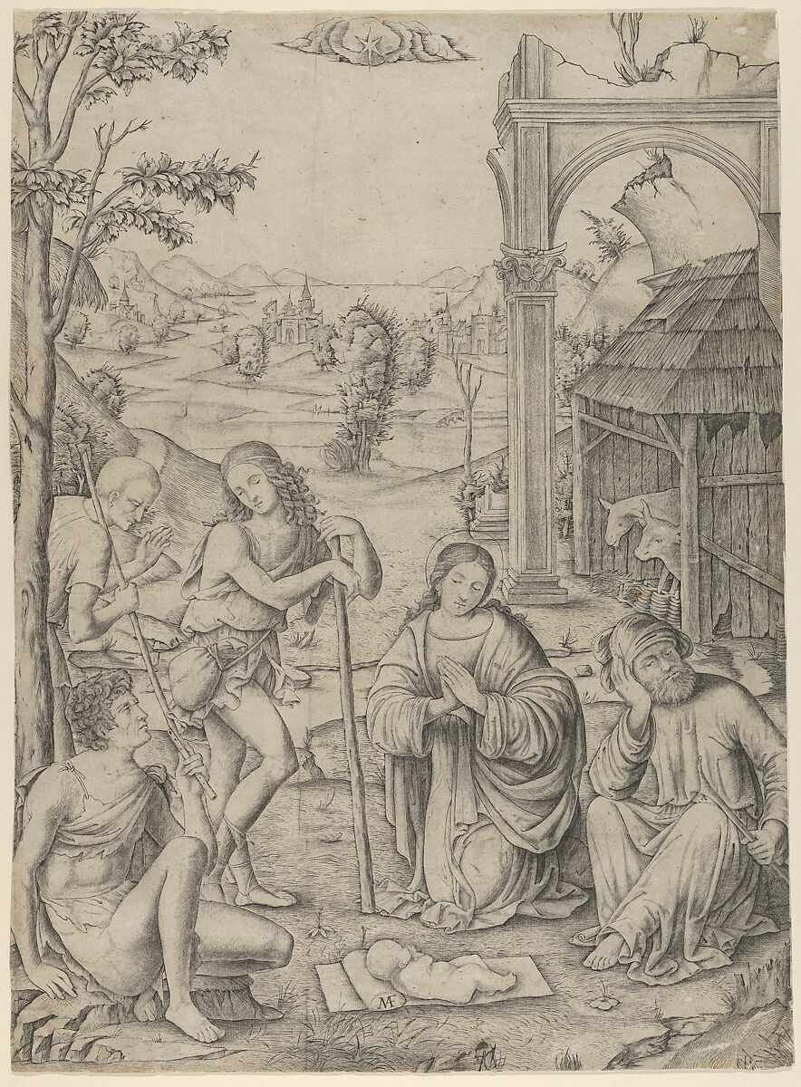 The Adoration of the Shepherds, Marcantonio Raimondi (Italian, Argini (?) ca. 1480–before 1534 Bologna (?)), Engraving 