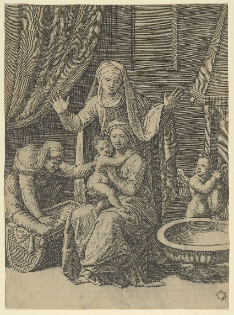 The Virgin holding the Christ Child, St Anne standing above with arms outstretched, St Elizabeth at the left, Marcantonio Raimondi (Italian, Argini (?) ca. 1480–before 1534 Bologna (?)), Engraving 