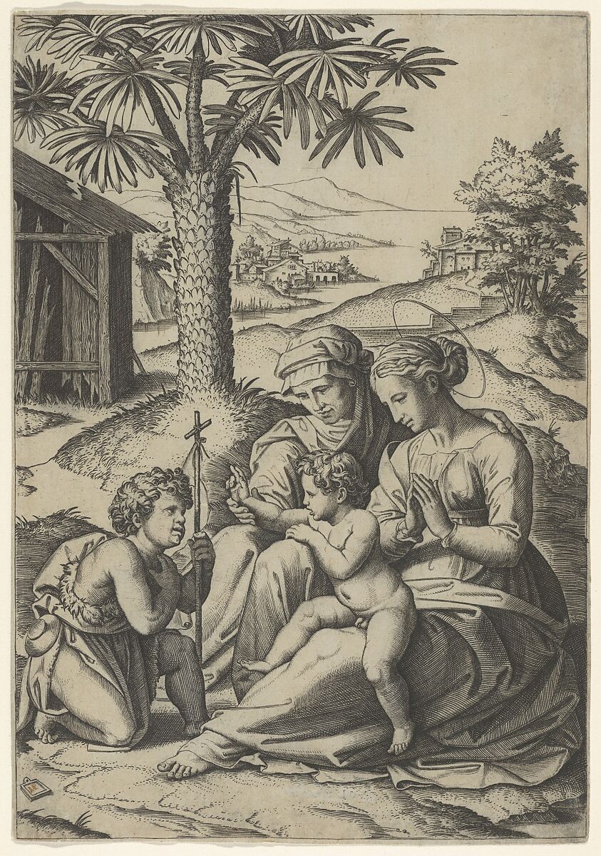 The Virgin and Child with St. Elizabeth and John the Baptist, called 'The Virgin of the Palm Tree', Marcantonio Raimondi (Italian, Argini (?) ca. 1480–before 1534 Bologna (?)), Engraving 