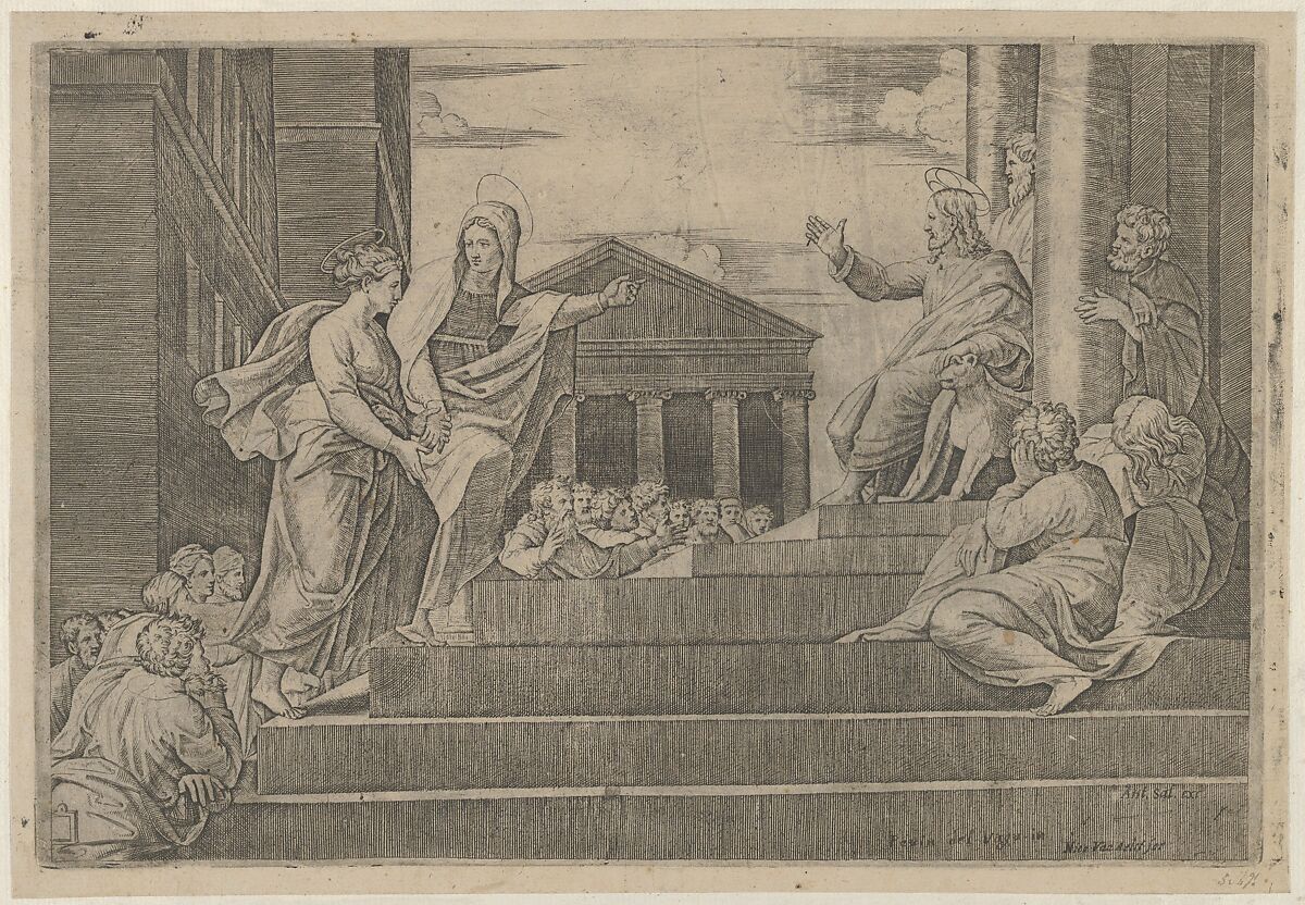 Martha leading Mary Magdalene up a flight of stairs to Christ who is seated at right at the entrance to a temple, Marcantonio Raimondi (Italian, Argini (?) ca. 1480–before 1534 Bologna (?)), Engraving 