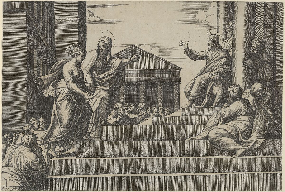 Martha leading Mary Magdalene up a flight of stairs to Christ who is seated at right at the entrance to a temple, Marcantonio Raimondi (Italian, Argini (?) ca. 1480–before 1534 Bologna (?)), Engraving 