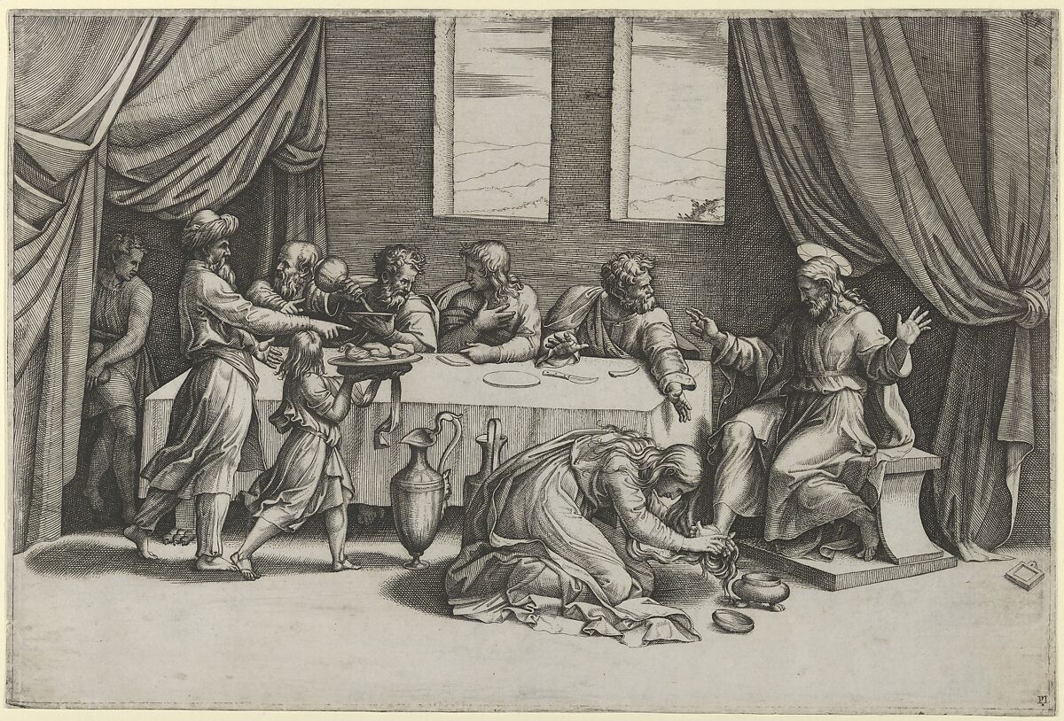 Christ at the table of Simon the Pharisee, Mary Magdalene washing his feet with her hair, Marcantonio Raimondi (Italian, Argini (?) ca. 1480–before 1534 Bologna (?)), Engraving 