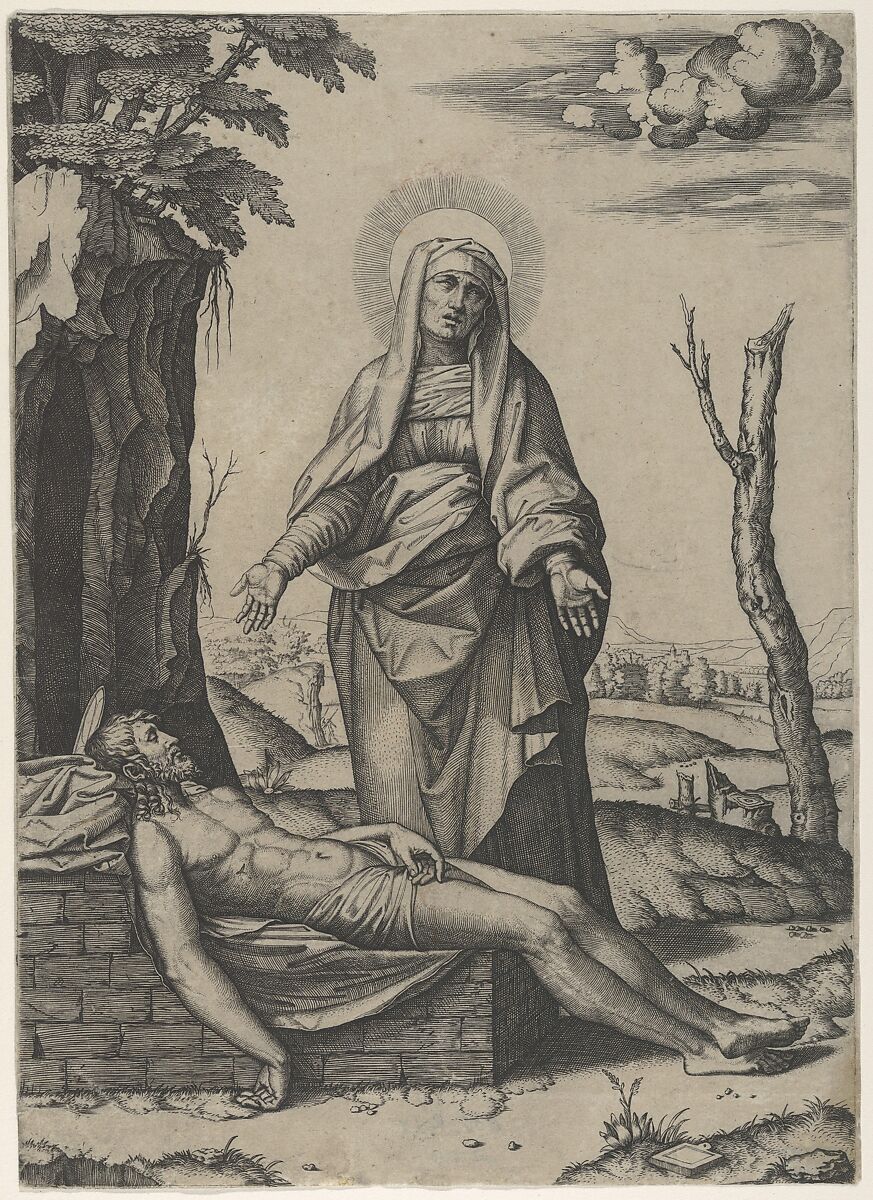 The Pietà: the Virgin standing over the dead Christ, her hands outspread, Marcantonio Raimondi (Italian, Argini (?) ca. 1480–before 1534 Bologna (?)), Engraving 