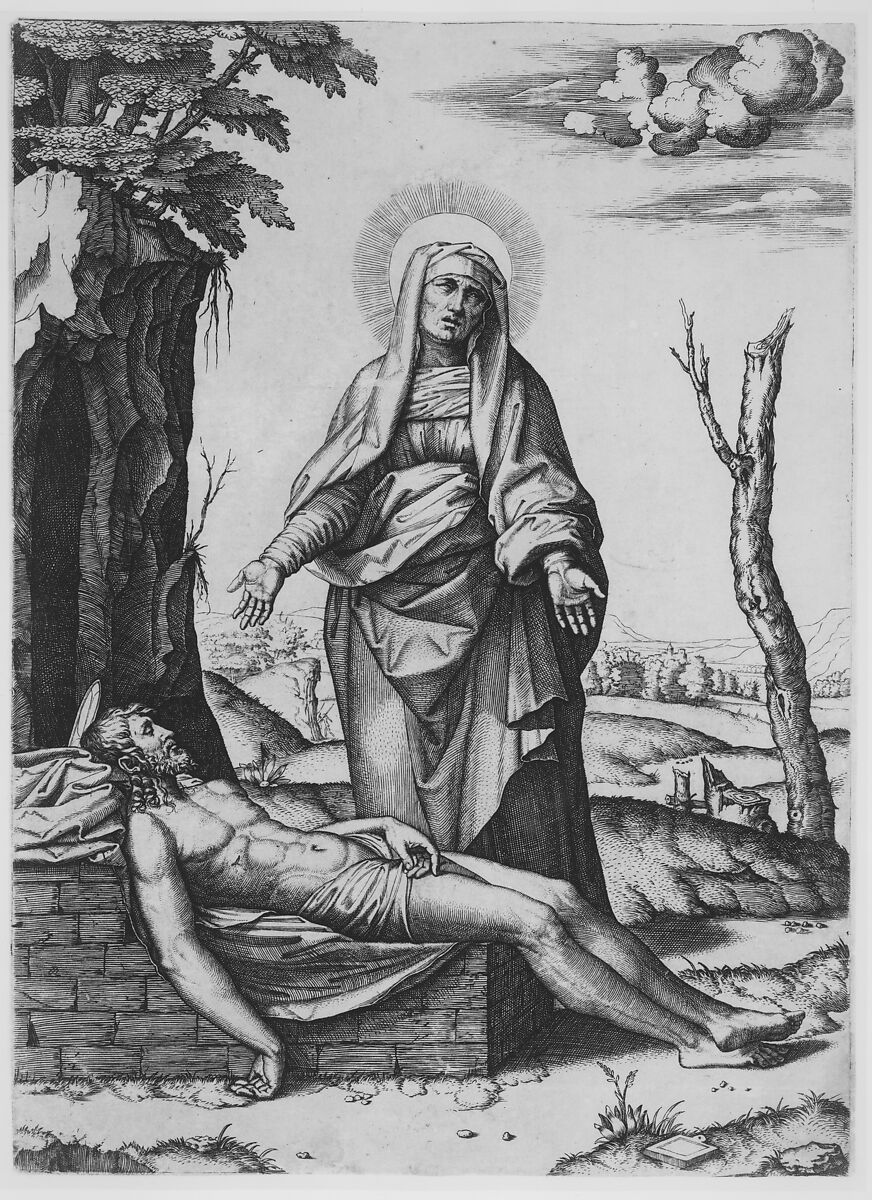 The Pietà: the Virgin standing over the dead Christ, her hands outspread, Marcantonio Raimondi (Italian, Argini (?) ca. 1480–before 1534 Bologna (?)), Engraving