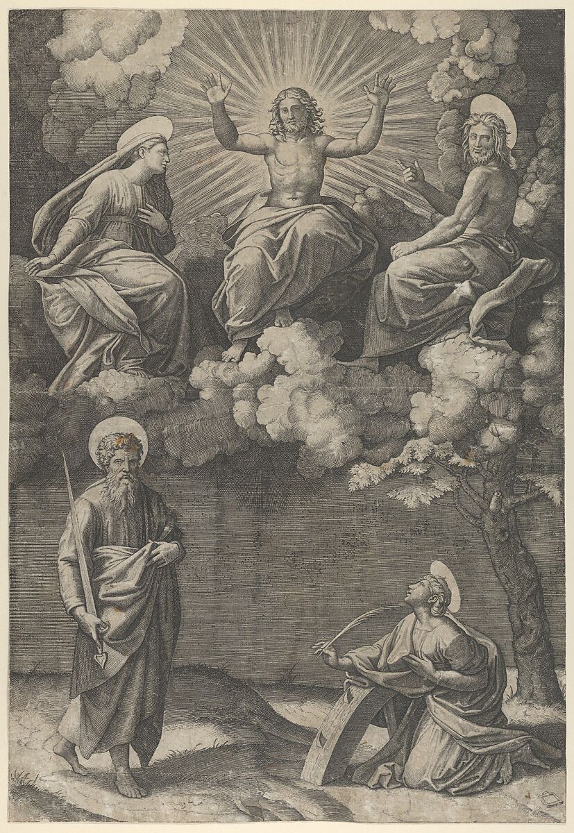 Christ flanked by the Virgin and St. John in the upper section, St. Paul and St. Catherine below, Marcantonio Raimondi (Italian, Argini (?) ca. 1480–before 1534 Bologna (?)), Engraving 