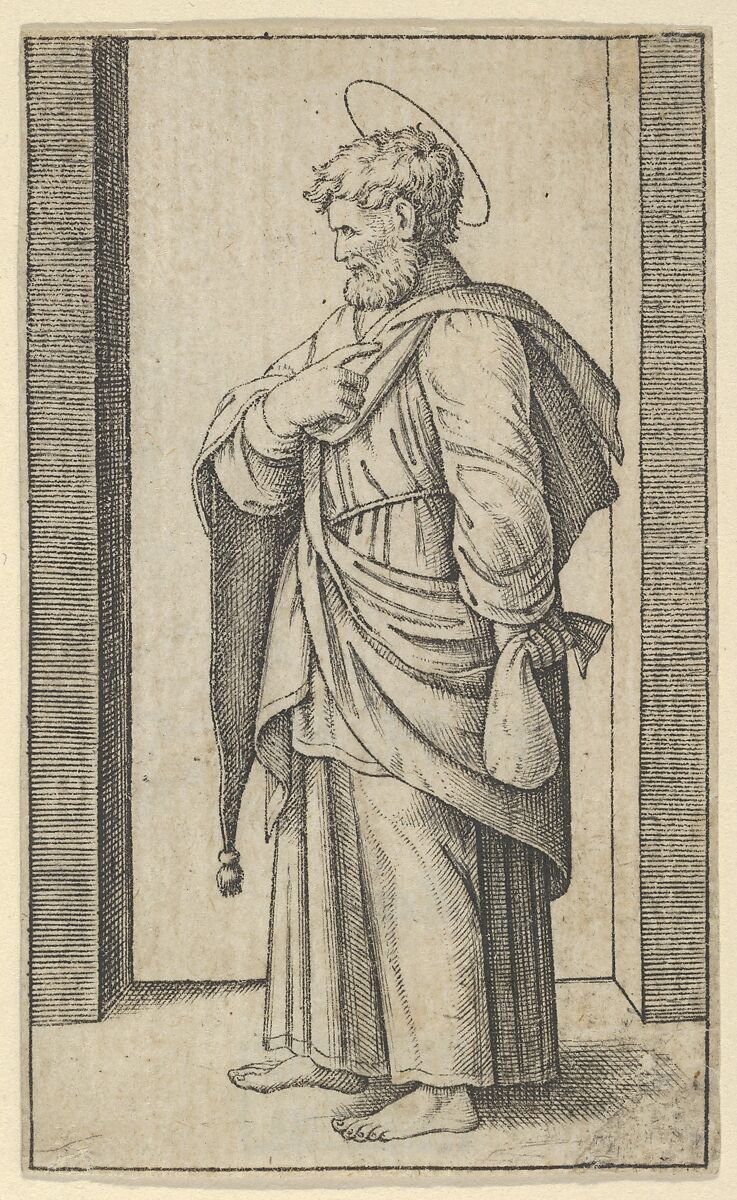 Saint Matthew, a small sack in his left hand, from "Piccoli Santi" (Small Saints), Marcantonio Raimondi (Italian, Argini (?) ca. 1480–before 1534 Bologna (?)), Engraving 