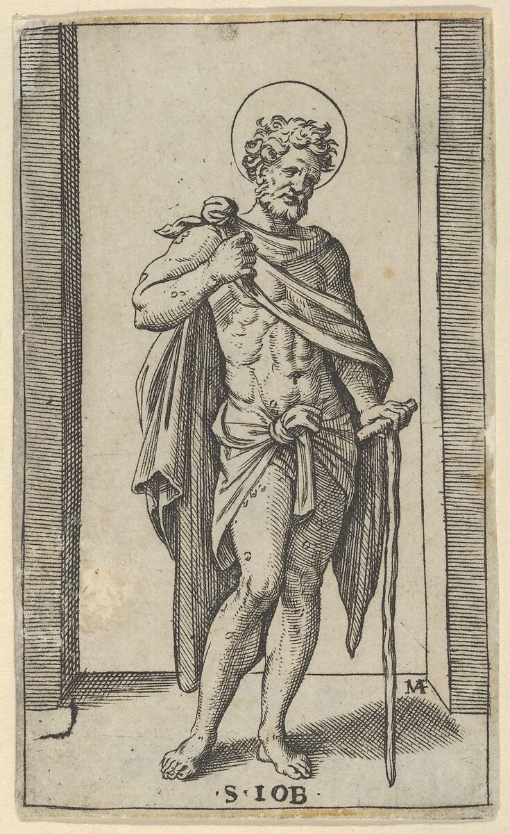Saint Job, wearing a cloak, from "Piccoli Santi" (Small Saints), Marcantonio Raimondi (Italian, Argini (?) ca. 1480–before 1534 Bologna (?)), Engraving 