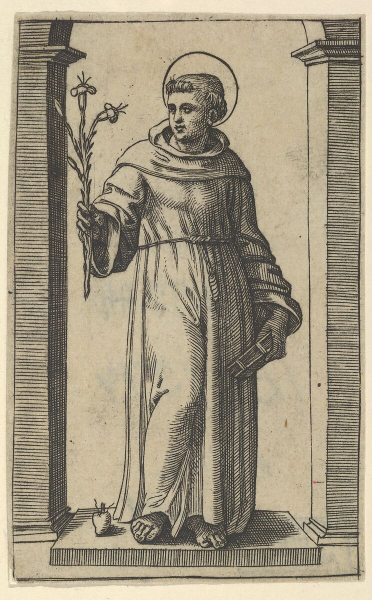 Saint Anthony of Padua standing, lillies in his raised right hand, a book in his left, from "Piccoli Santi" (Small Saints), Marcantonio Raimondi (Italian, Argini (?) ca. 1480–before 1534 Bologna (?)), Engraving 