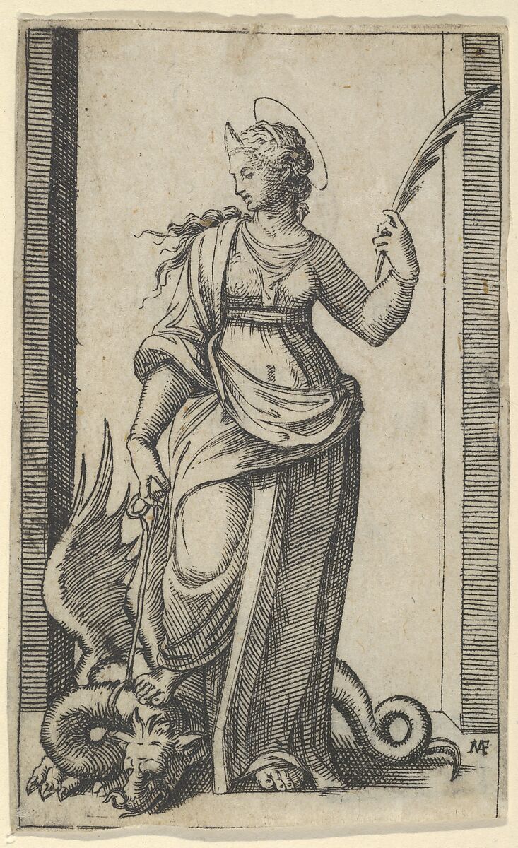 Saint Margaret standing, a dragon at the left, from "Piccoli Santi" (Small Saints), Marcantonio Raimondi (Italian, Argini (?) ca. 1480–before 1534 Bologna (?)), Engraving 