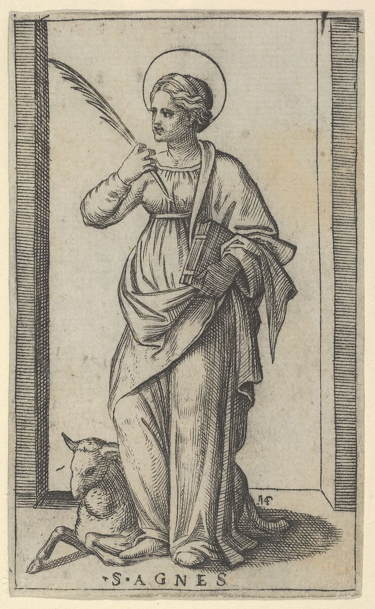 Saint Agnes standing a holding a palm in her right hand, a sheep lower left, from "Piccoli Santi" (Small Saints), Marcantonio Raimondi (Italian, Argini (?) ca. 1480–before 1534 Bologna (?)), Engraving 