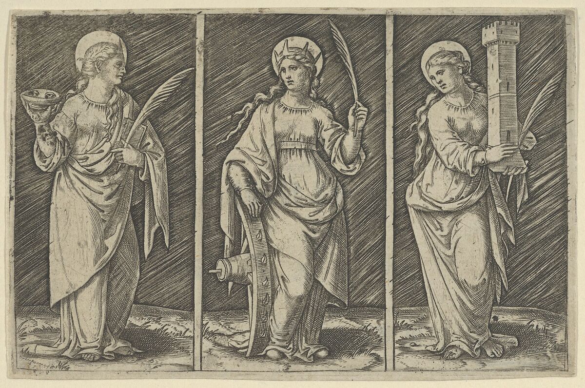 Saint Barbara (left), Saint Catherine, (center), Saint Lucy (right), Marcantonio Raimondi (Italian, Argini (?) ca. 1480–before 1534 Bologna (?)), Engraving 