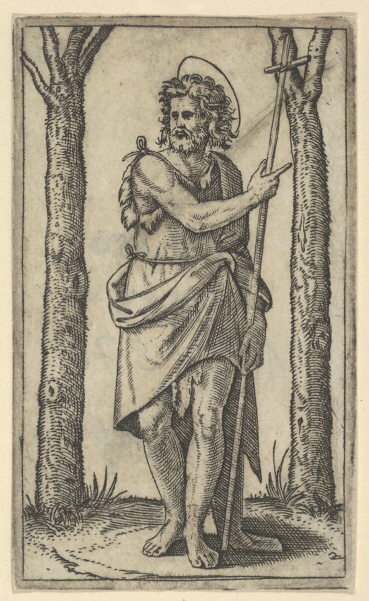 John the Baptist holding a staff, from "Piccoli Santi" (Small Saints), Marcantonio Raimondi (Italian, Argini (?) ca. 1480–before 1534 Bologna (?)), Engraving 