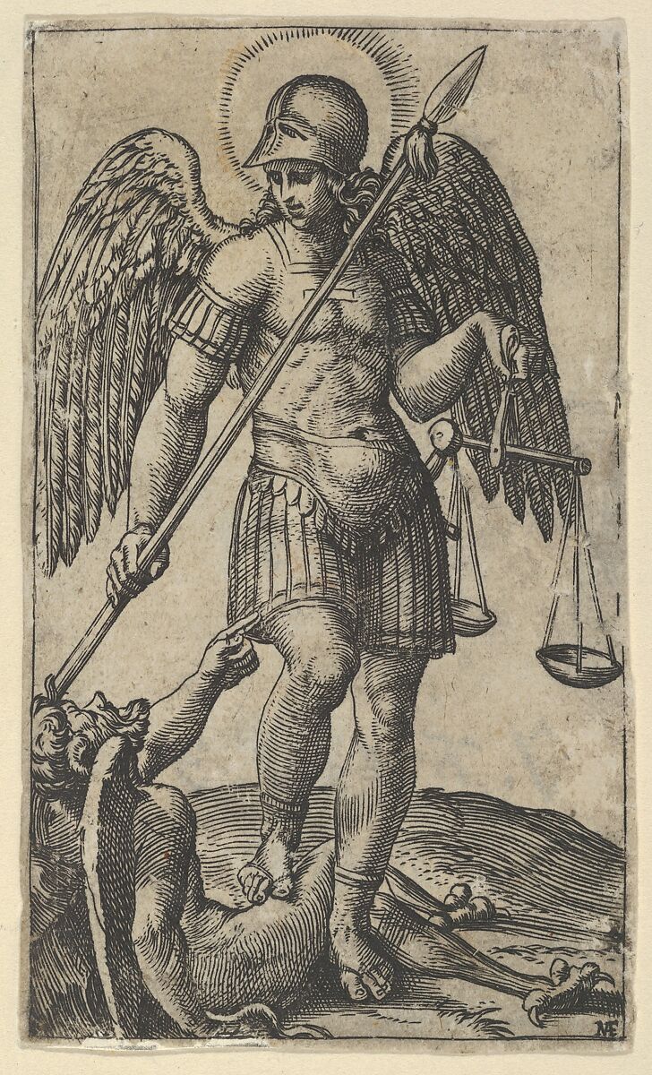 Saint Michael holding scales and a lance, a demon beneath him, from "Piccoli Santi" (Small Saints), Marcantonio Raimondi (Italian, Argini (?) ca. 1480–before 1534 Bologna (?)), Engraving 