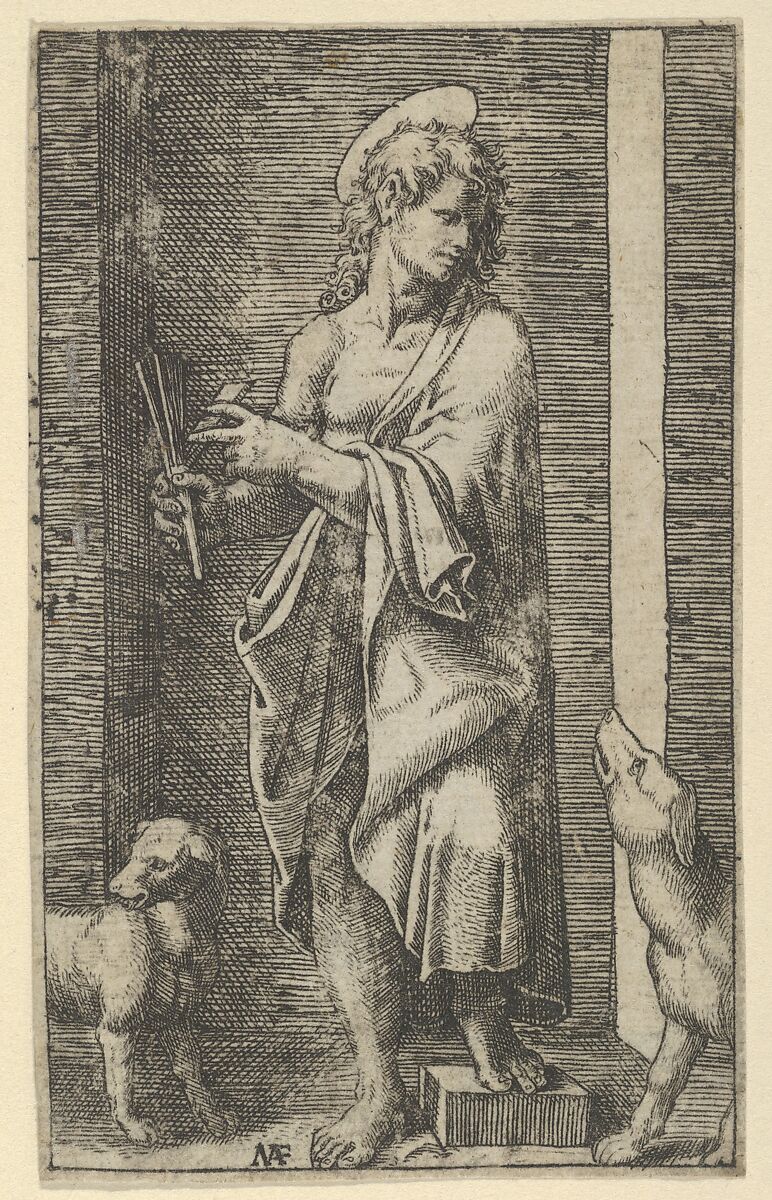 St Lazarus flanked by two dogs, from "Piccoli Santi" (Small Saints), Marcantonio Raimondi (Italian, Argini (?) ca. 1480–before 1534 Bologna (?)), Engraving 