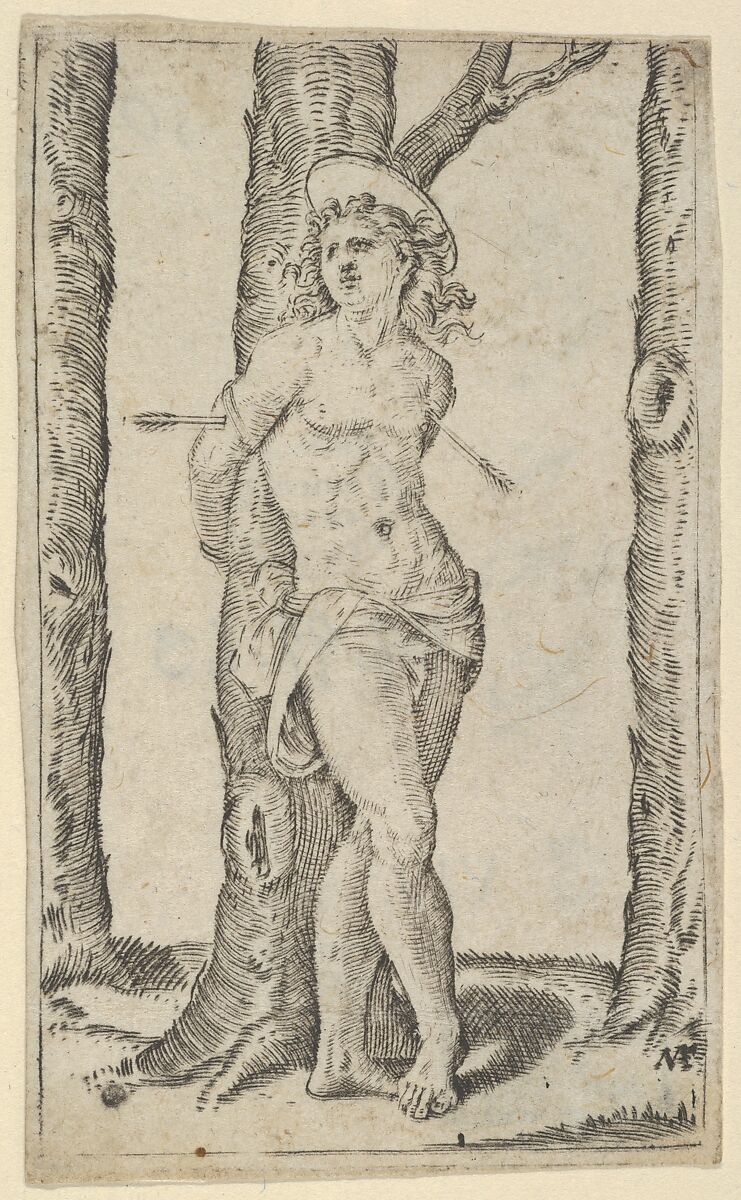 Saint Sebastian tied to tree pierced with arrows, from "Piccoli Santi" (Small Saints), Marcantonio Raimondi (Italian, Argini (?) ca. 1480–before 1534 Bologna (?)), Engraving 