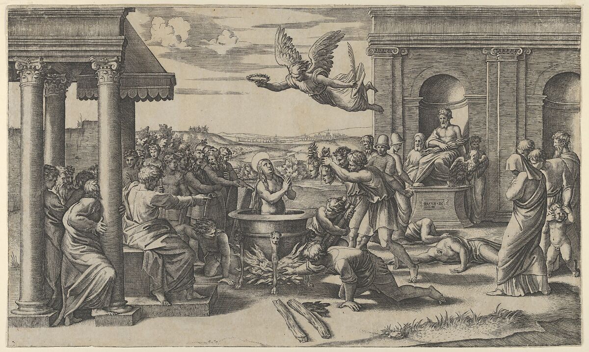 The Martydom of Saint Cecilia standing naked in a large cauldron, at left under a colonnade, sits a Roman Prefect, at right the statue of Jupiter in a niche, Marcantonio Raimondi (Italian, Argini (?) ca. 1480–before 1534 Bologna (?)), Engraving 