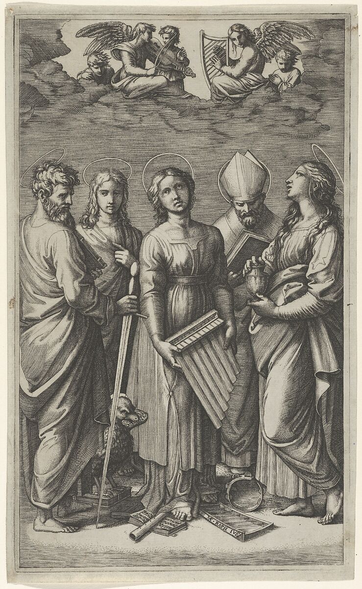 St Cecilia holding an organ, flanked by St Paul, St John the Evangelist, St Augustine and Mary Magdalen, musical angels above, Marcantonio Raimondi (Italian, Argini (?) ca. 1480–before 1534 Bologna (?)), Engraving 