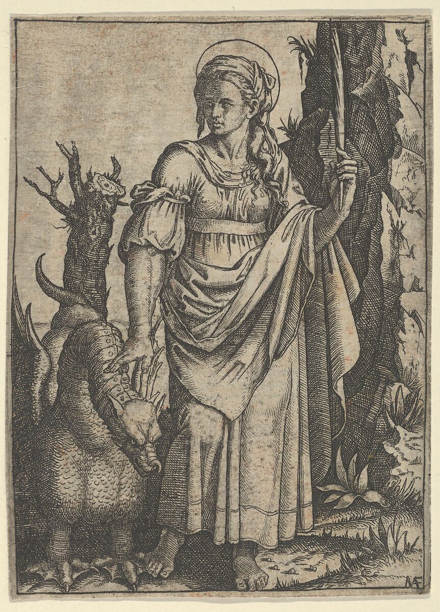 St Margaret holding a palm in her raised left hand, a dragon at her right, Marcantonio Raimondi (Italian, Argini (?) ca. 1480–before 1534 Bologna (?)), Engraving 