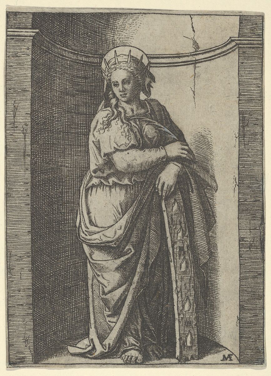 Saint Catherine standing in a niche, resting on a wheel, her instrument of torture, Marcantonio Raimondi (Italian, Argini (?) ca. 1480–before 1534 Bologna (?)), Engraving 