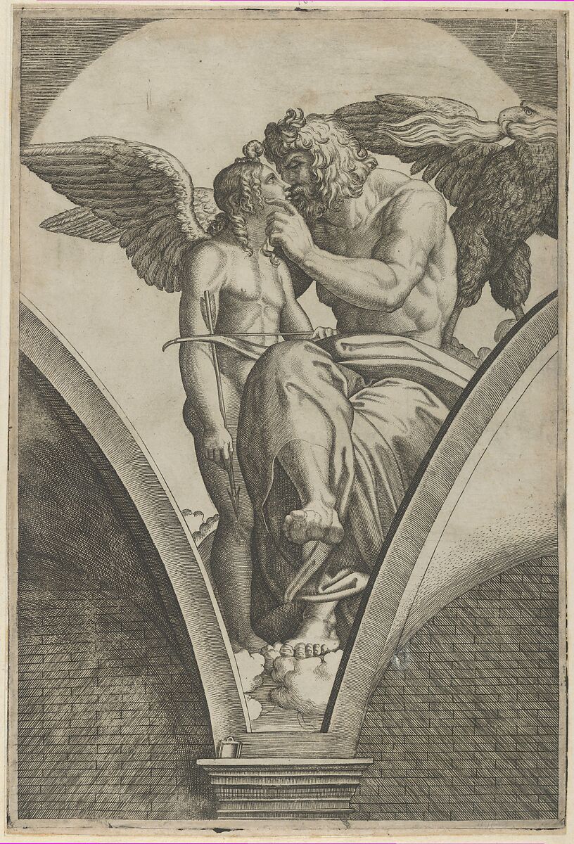 Jupiter embracing Cupid after Raphael's fresco in the Chigi Gallery of the Villa Farnesina in Rome, Marcantonio Raimondi (Italian, Argini (?) ca. 1480–before 1534 Bologna (?)), Engraving 