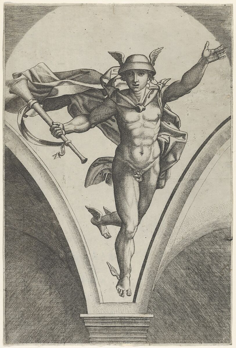 Mercury descending from the sky a trumpet in his right hand, after Raphael's fresco in the Chigi Gallery of the Villa Farnesina in Rome, Marcantonio Raimondi (Italian, Argini (?) ca. 1480–before 1534 Bologna (?)), Engraving 