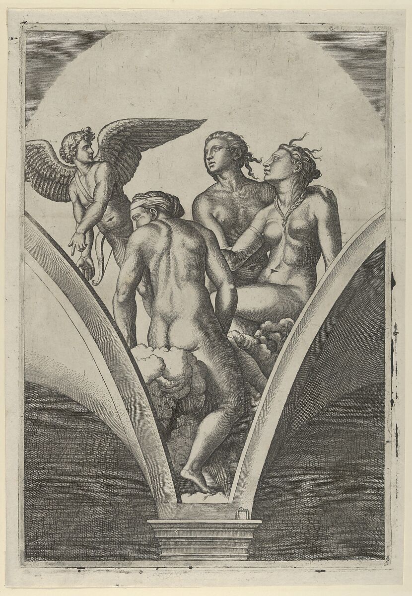 The Three Graces sitting on clouds, cupid at the left, after Raphael's fresco in the Chigi Gallery of the Villa Farnesina in Rome, Marcantonio Raimondi (Italian, Argini (?) ca. 1480–before 1534 Bologna (?)), Engraving 