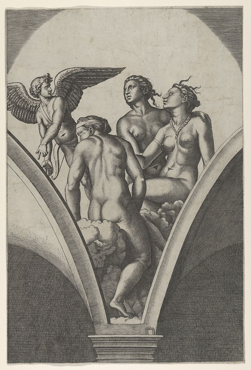 Cupid and The Three Graces, after Raphael's fresco in the Chigi Gallery of the Villa Farnesina in Rome, Marcantonio Raimondi (Italian, Argini (?) ca. 1480–before 1534 Bologna (?)), Engraving 