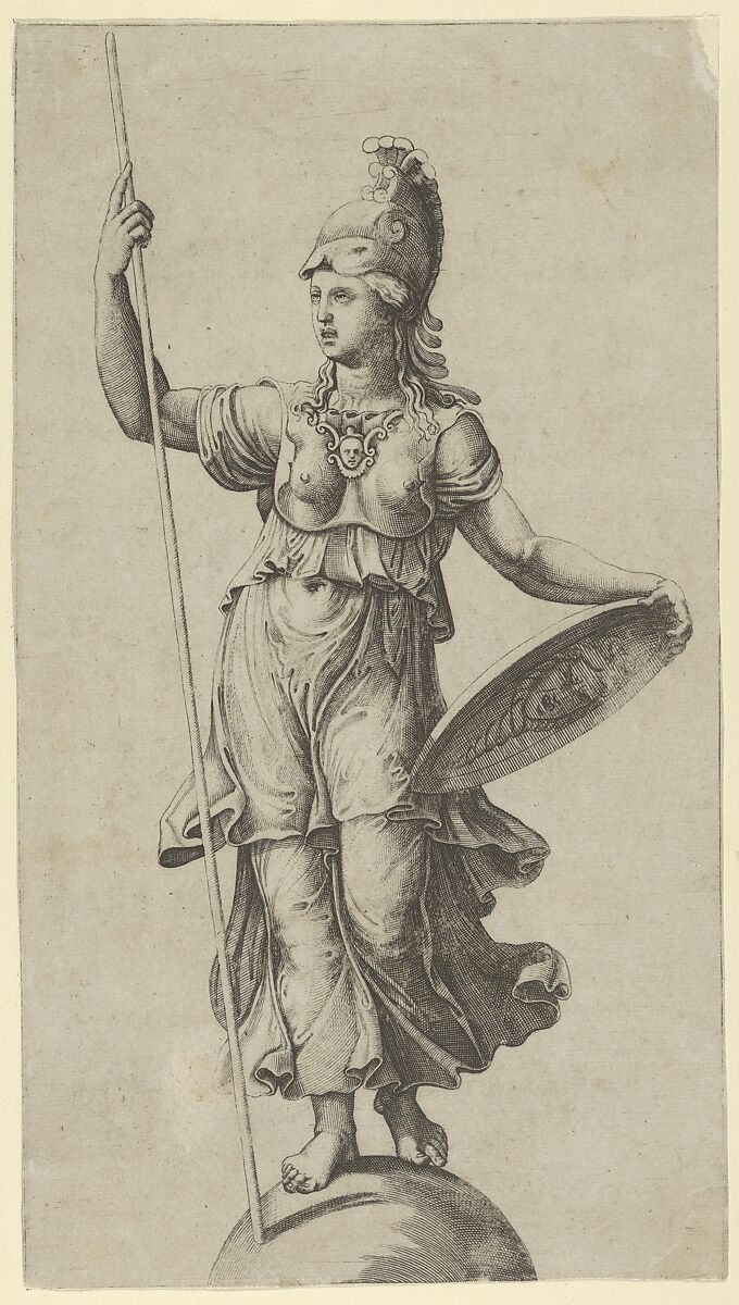 Pallas Athena standing on a globe, holding a spear in her left hand and her shield in her right, Anonymous, Italian, 16th to early 17th century, Engraving 