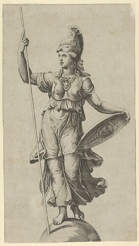 Pallas Athena standing on a globe, holding a spear in her left hand and her shield in her right