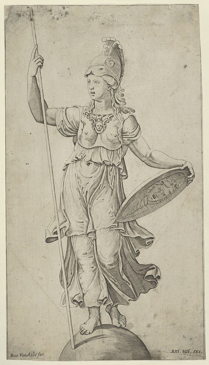 Pallas Athena standing on a globe, holding a spear in her left hand and her shield in her right, Anonymous, Italian, 16th to early 17th century, Engraving 