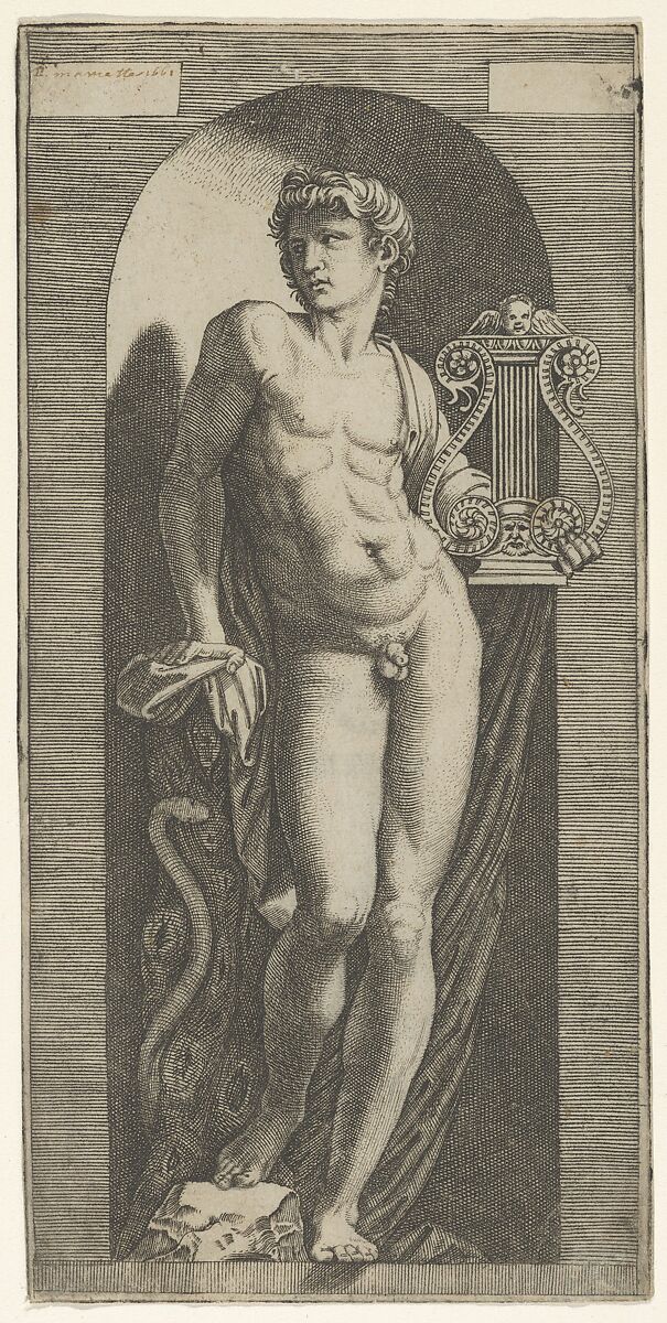 A statue of Apollo, naked standing in a niche, holding a lyre in his left hand and leaning on a tree trunk, Marcantonio Raimondi (Italian, Argini (?) ca. 1480–before 1534 Bologna (?)), Engraving 