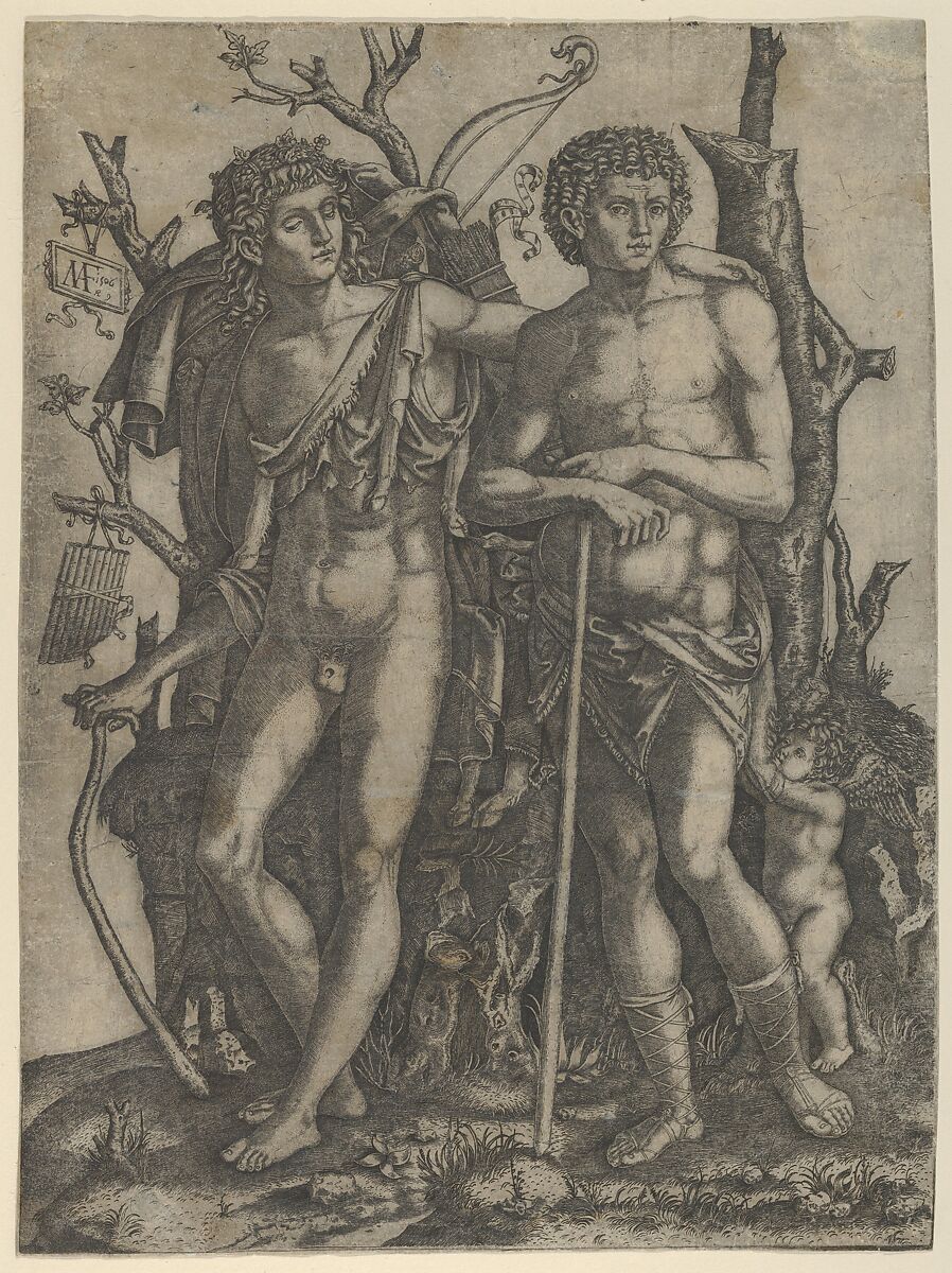 Apollo standing at the left, his hand resting on the shoulder of Hyacinthus, Cupid in the lower right, Marcantonio Raimondi (Italian, Argini (?) ca. 1480–before 1534 Bologna (?)), Engraving 