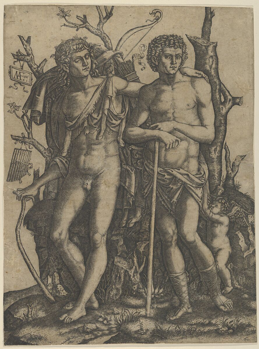 Apollo standing at the left, his hand resting on the shoulder of Hyacinthus, Cupid in the lower right, Marcantonio Raimondi (Italian, Argini (?) ca. 1480–before 1534 Bologna (?)), Engraving 