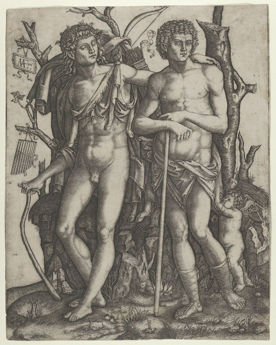 Apollo standing at the left, his hand resting on the shoulder of Hyacinthus, Cupid in the lower right, Marcantonio Raimondi (Italian, Argini (?) ca. 1480–before 1534 Bologna (?)), Engraving 