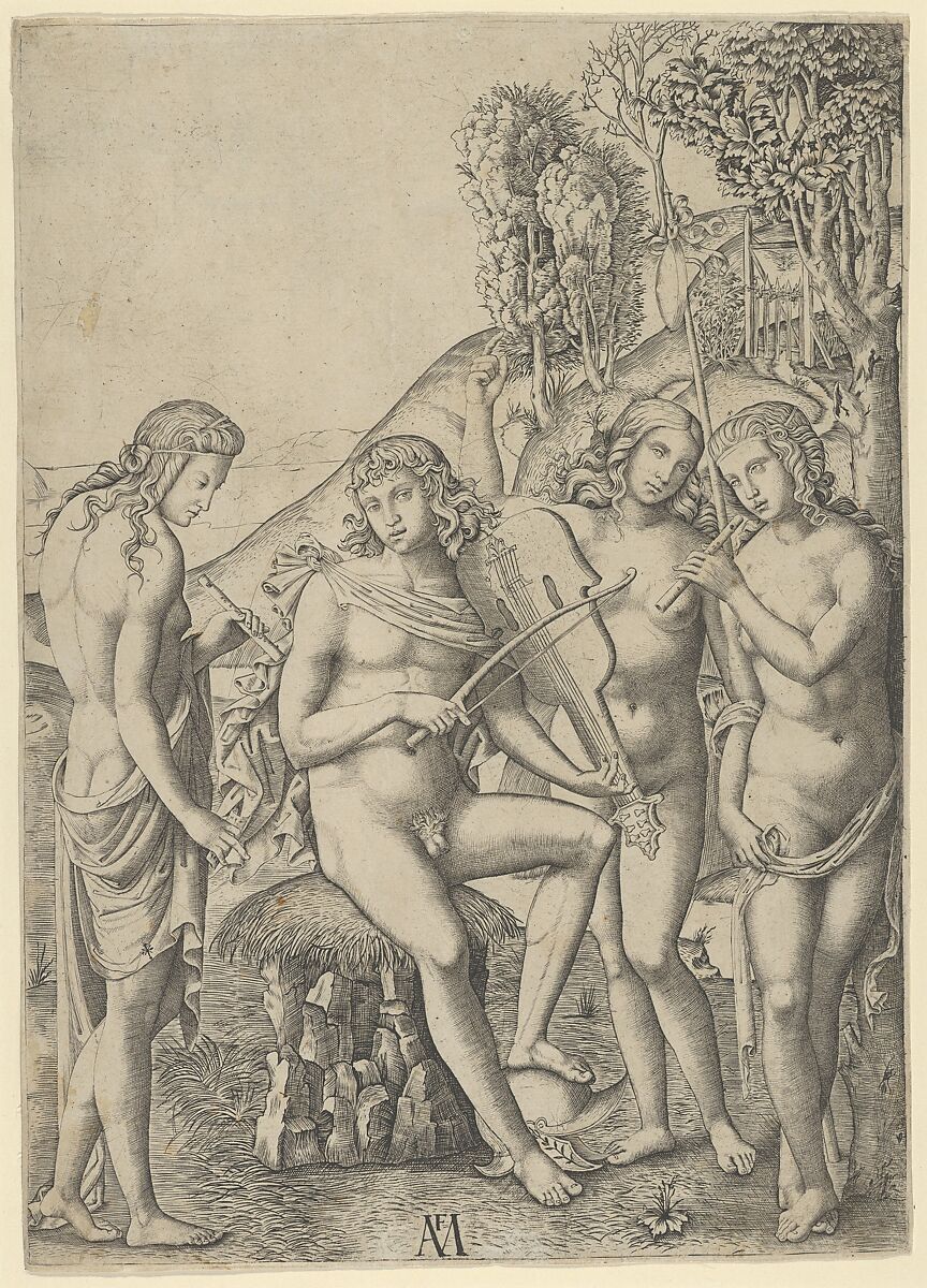 A young man, seated and playing the violin at centre, flanked by two woman holding flutes, another woman in the background, Marcantonio Raimondi (Italian, Argini (?) ca. 1480–before 1534 Bologna (?)), Engraving 