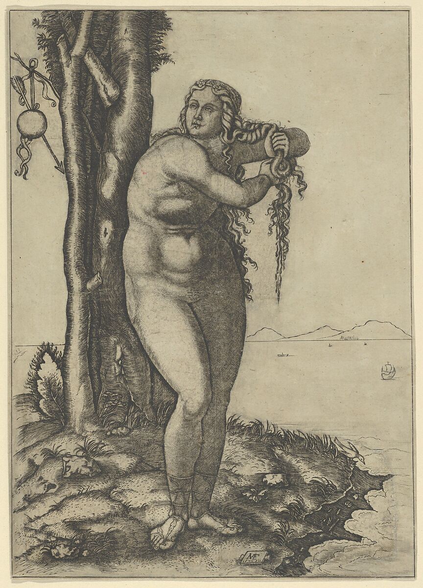 Venus wringing the water from her hair, standing at the water's edge, Marcantonio Raimondi (Italian, Argini (?) ca. 1480–before 1534 Bologna (?)), Engraving silhouetted; the seascape at left and right has been made up 