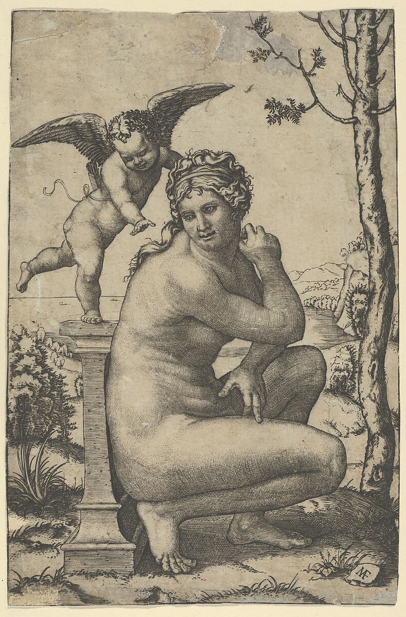 Venus crouching by a plinth on top of which stands Cupid, Marcantonio Raimondi (Italian, Argini (?) ca. 1480–before 1534 Bologna (?)), Engraving, areas of print made up 