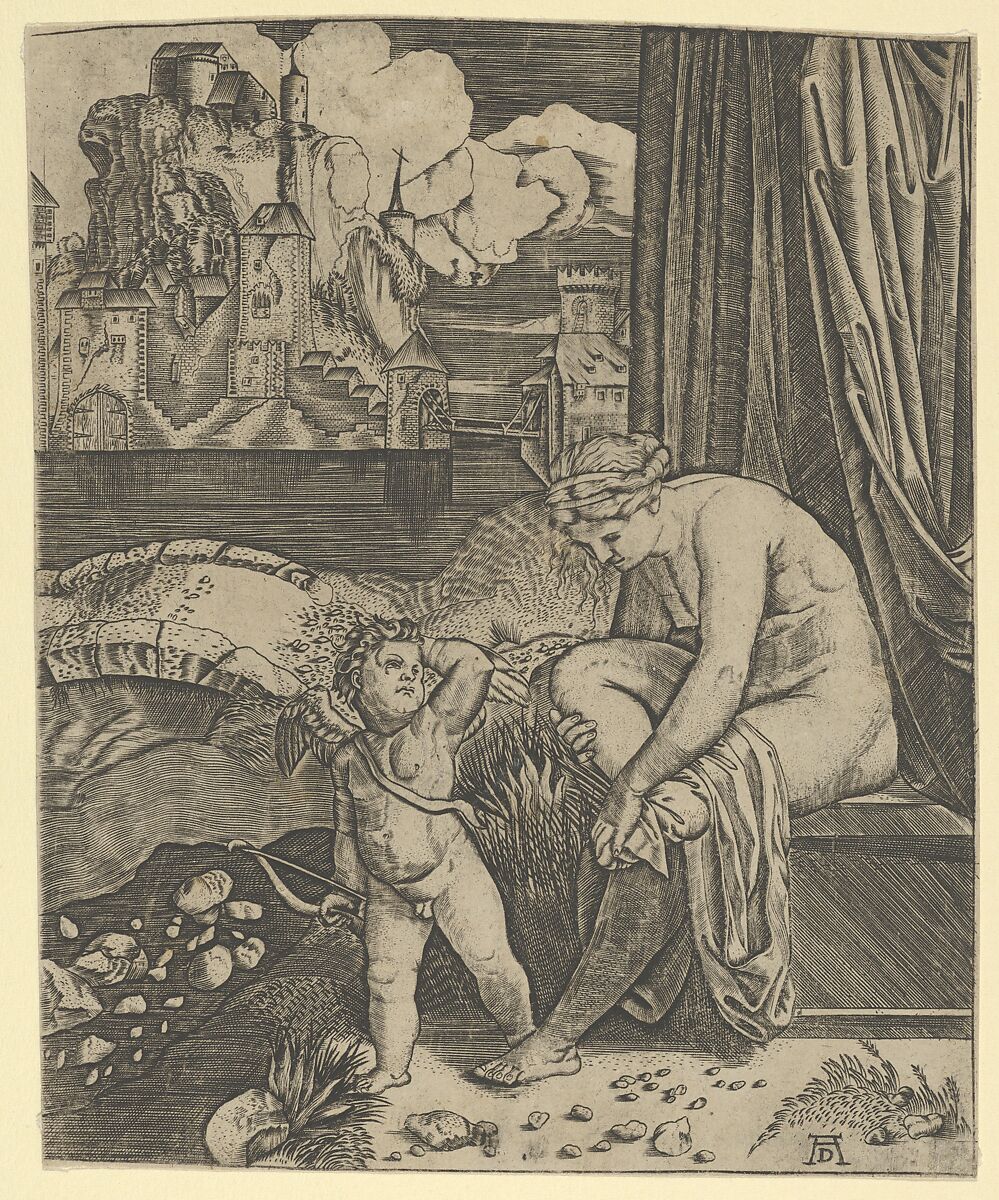 Venus naked sitting at right drying her foot with a piece of drapery, Cupid, in front of her, holding a bow in his right hand, Anonymous, Engraving 