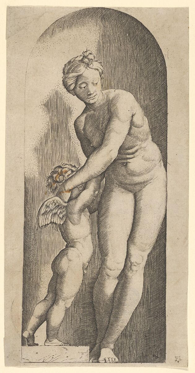 Venus and Cupid standing in a niche, Marcantonio Raimondi (Italian, Argini (?) ca. 1480–before 1534 Bologna (?)), Engraving 