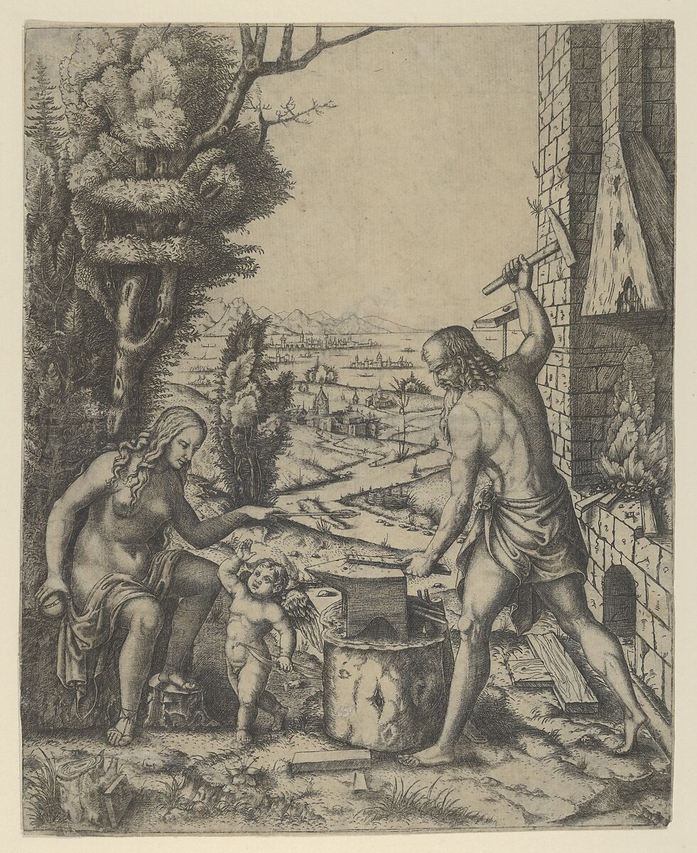 Venus at left holding a golden apple in her right hand and an arrow in her left, Vulcan at his forge beating a piece of iron on an anvil, Marcantonio Raimondi (Italian, Argini (?) ca. 1480–before 1534 Bologna (?)), Engraving and made up section in pen and ink upper left 