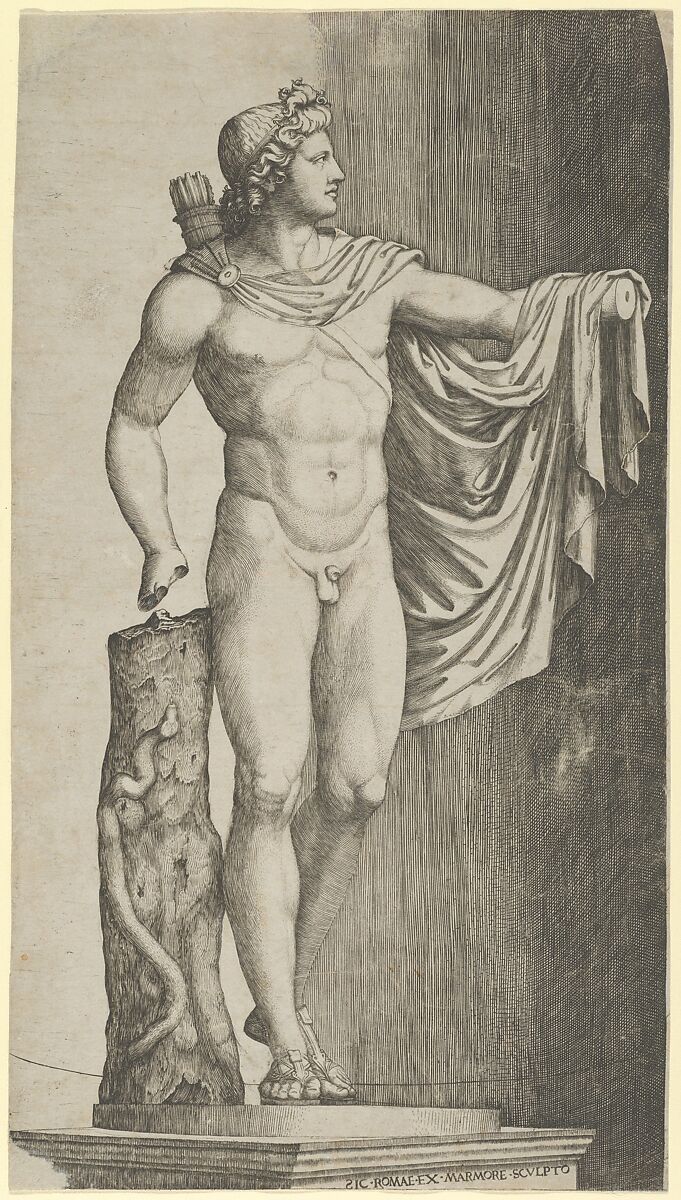 The Apollo Belvedere from the Vatican his left hand resting on the tree trunk around which coils a python, Marcantonio Raimondi (Italian, Argini (?) ca. 1480–before 1534 Bologna (?)), Engraving 