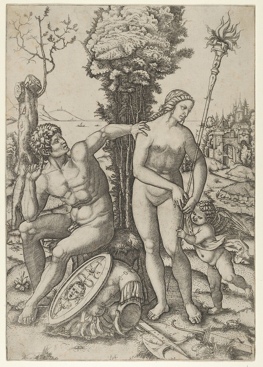 Mars seated at the left, his left hand on Venus's shoulder, cupid beside her at the right, Marcantonio Raimondi (Italian, Argini (?) ca. 1480–before 1534 Bologna (?)), Engraving 