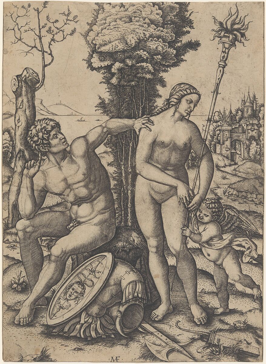 Mars seated at the left, his left hand on Venus's shoulder, cupid beside her at the right, Marcantonio Raimondi (Italian, Argini (?) ca. 1480–before 1534 Bologna (?)), Engraving 