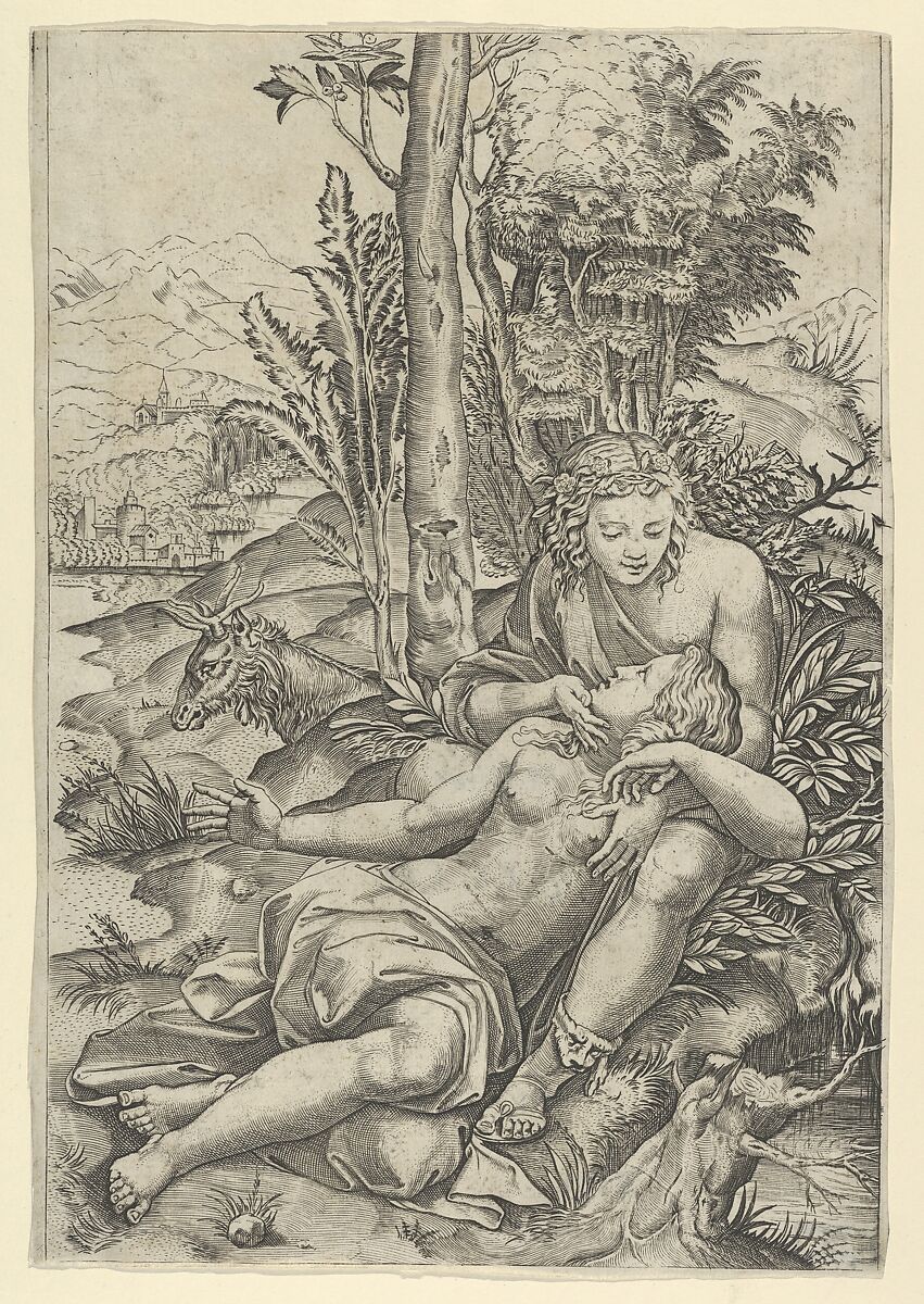 Medor and  Angelica from Lodovico Ariosto's "Orlando Furioso", or Venus and Adonis embracing, set within a landscape, Marcantonio Raimondi (Italian, Argini (?) ca. 1480–before 1534 Bologna (?)), Engraving 