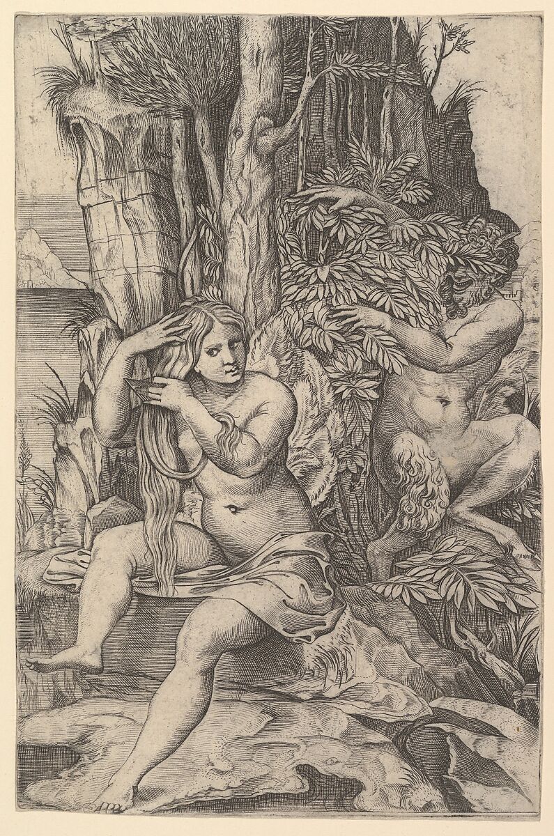 Pan spying of  the nymph Syrinx who is seated on a rock, combing her hair, Marco Dente (Italian, Ravenna, active by 1515–died 1527 Rome), Engraving with Pan's erect penis inexpertly scratched off surface of print 