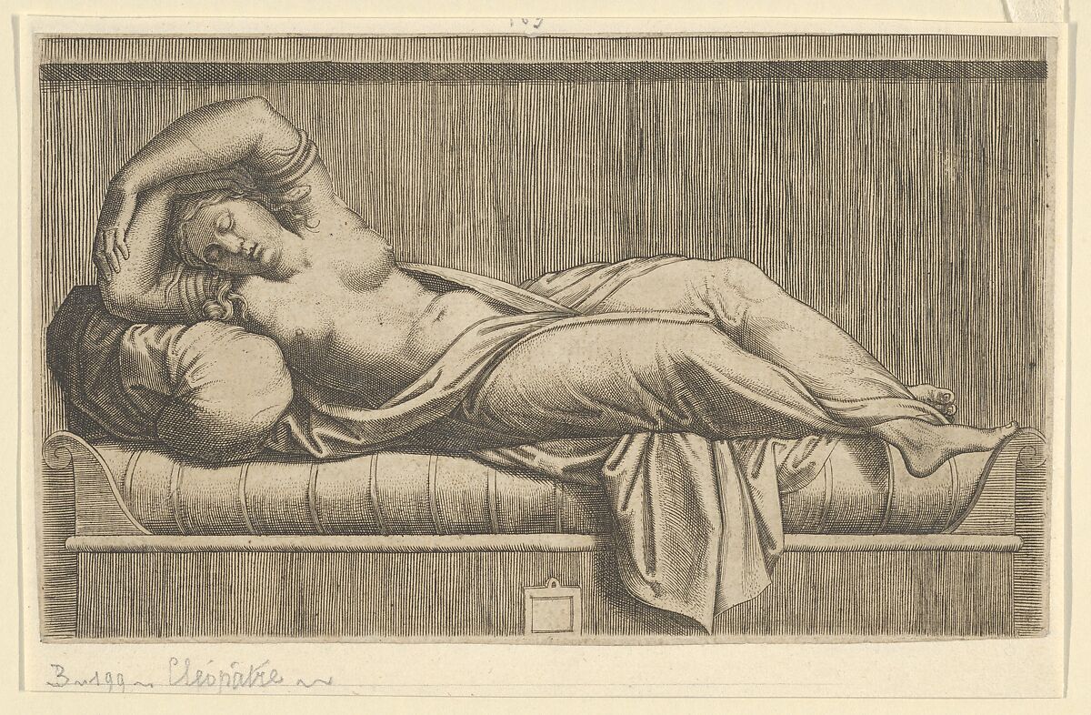 Cleopatra, partly naked laying on a bed, Anonymous, Engraving 