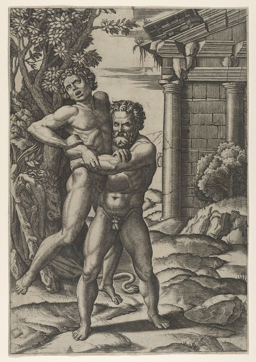 Hercules holding Antaeus by the waist and lifting him off his feet, Marcantonio Raimondi (Italian, Argini (?) ca. 1480–before 1534 Bologna (?)), Engraving 