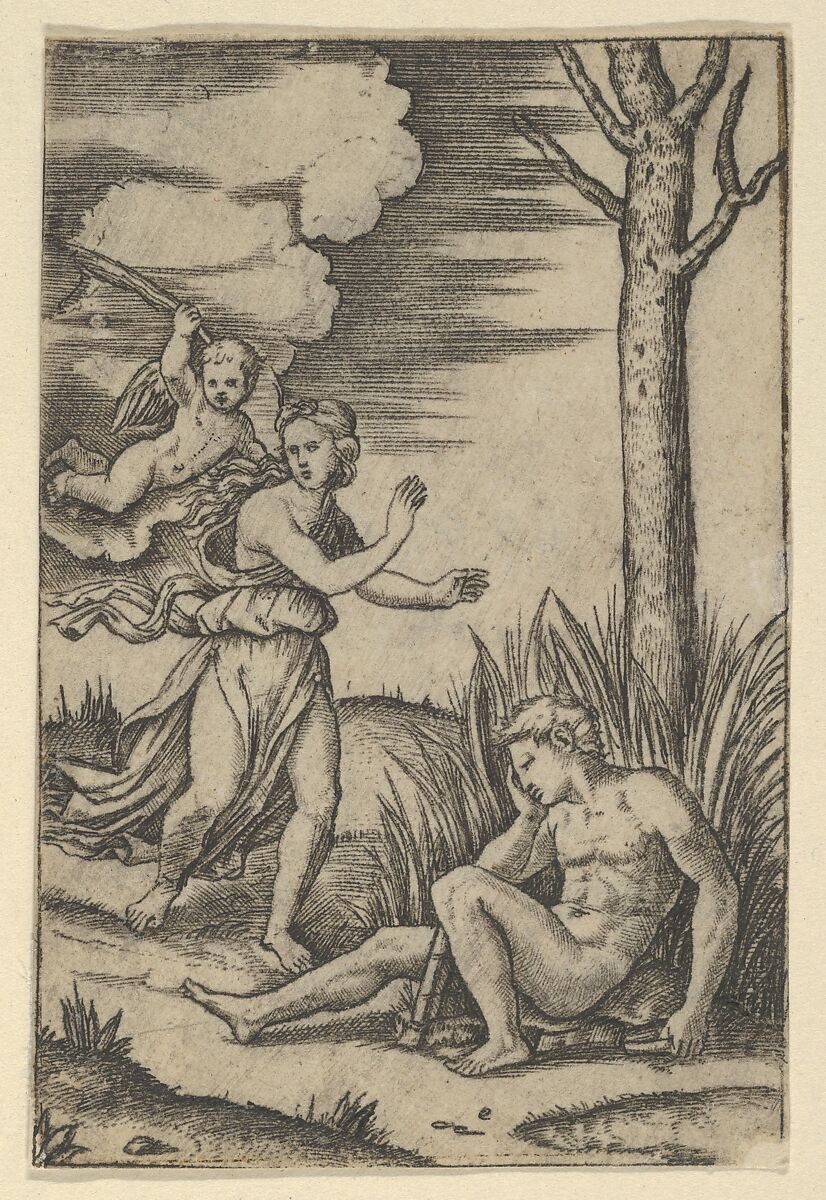 Diana followed by cupid at left, Endymion at right, Marcantonio Raimondi (Italian, Argini (?) ca. 1480–before 1534 Bologna (?)), Engraving 