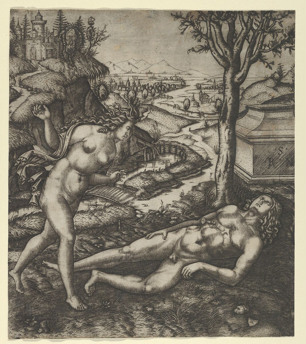Thisbe finding Pyramus laying on the ground with a knife in his chest, Marcantonio Raimondi (Italian, Argini (?) ca. 1480–before 1534 Bologna (?)), Engraving 